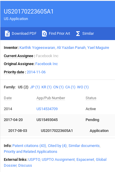 US patent application illustration US20170223605A1 related to Facebook technology
